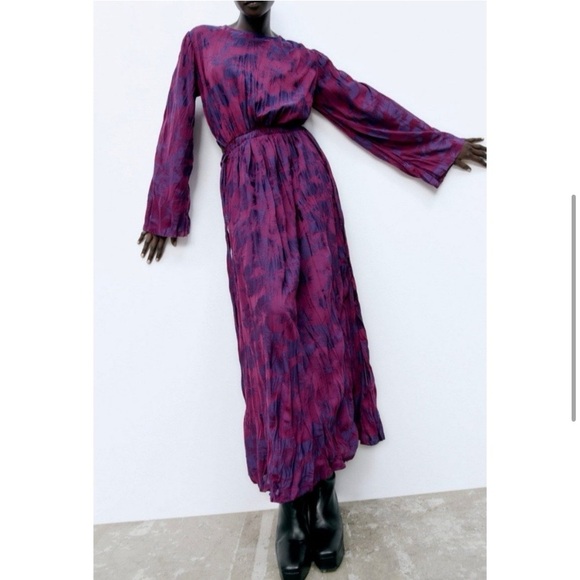 💜 ZARA BOHO PURPLE PINK JACQUARD LONG SLEEVE SIDE TIE MAXI DRESS! - Picture 11 of 16